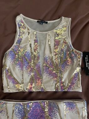 Haute Monde Nude Sequin Embellished Mesh Crop Top